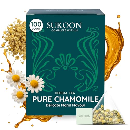 Image of Sukoon, Chamomile Tea Organic - 100 Tea Bags - Caffeine Free Organic Chamomile Tea Bags
