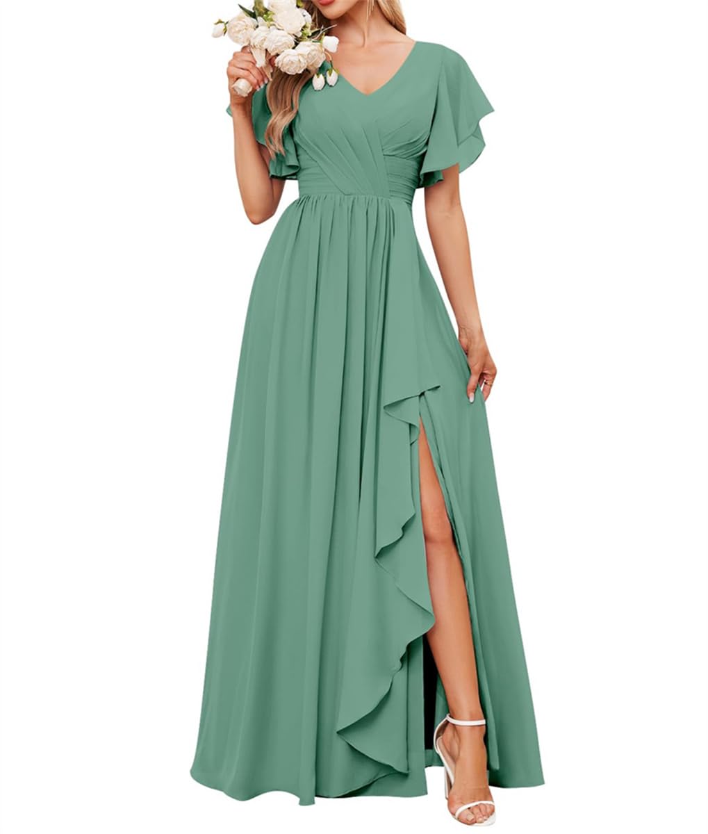 Wseyu Women's Eucalyptus Ruffles Sleeves Formal Evening Prom Gowns For Ruched Cocktail Dresses Dating Dresses Lace Up Uk14