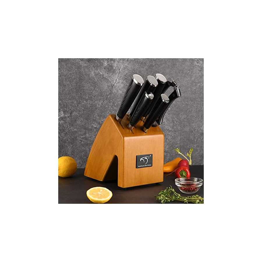 Knife Sets for Kitchen with Block, 7 Pieces Damascus Knife Set, VG10 Steel with Micarta Handle, Chef Knife Set and Kitchen Shear