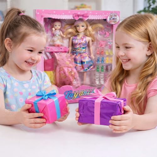 Image of SHAKTISM Doll Set for Girls with Makeup, Dress, Accessories, Wardrobe Closet, Hangers, Necklace, Multicolor, 3 Years and Up (Layana Doll with Babby)