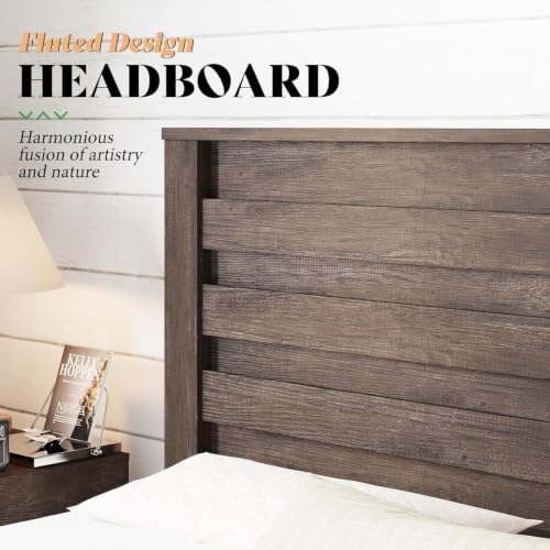 Image of AMERLIFE Farmhouse King Bed Frame with 49 inch Fluted Headboard | Grey Wood Platform Bed, Natural Grain Finish, Noise-Free Frame, No Box Spring Required, 1000 lbs Support