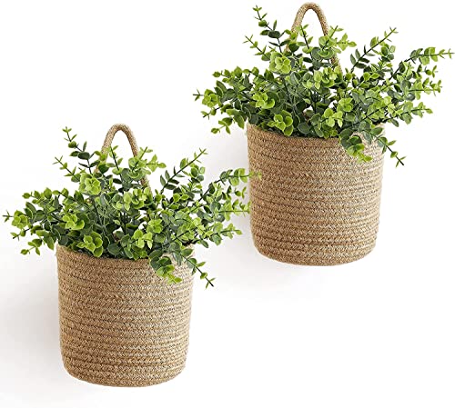 MEETOZ Paquete de 2 cestas de cuerda para colgar en la pared, decoración de granja, organizador de almacenamiento tejido de yute, juego de cestas rústicas para decoración de pared para porche, sala de