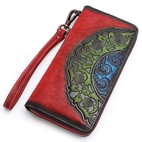 IVTG Genuine Leather Wallets for Women Long Purse Vintage Embossing Cowhide Handmade Small Clutch (Red)2