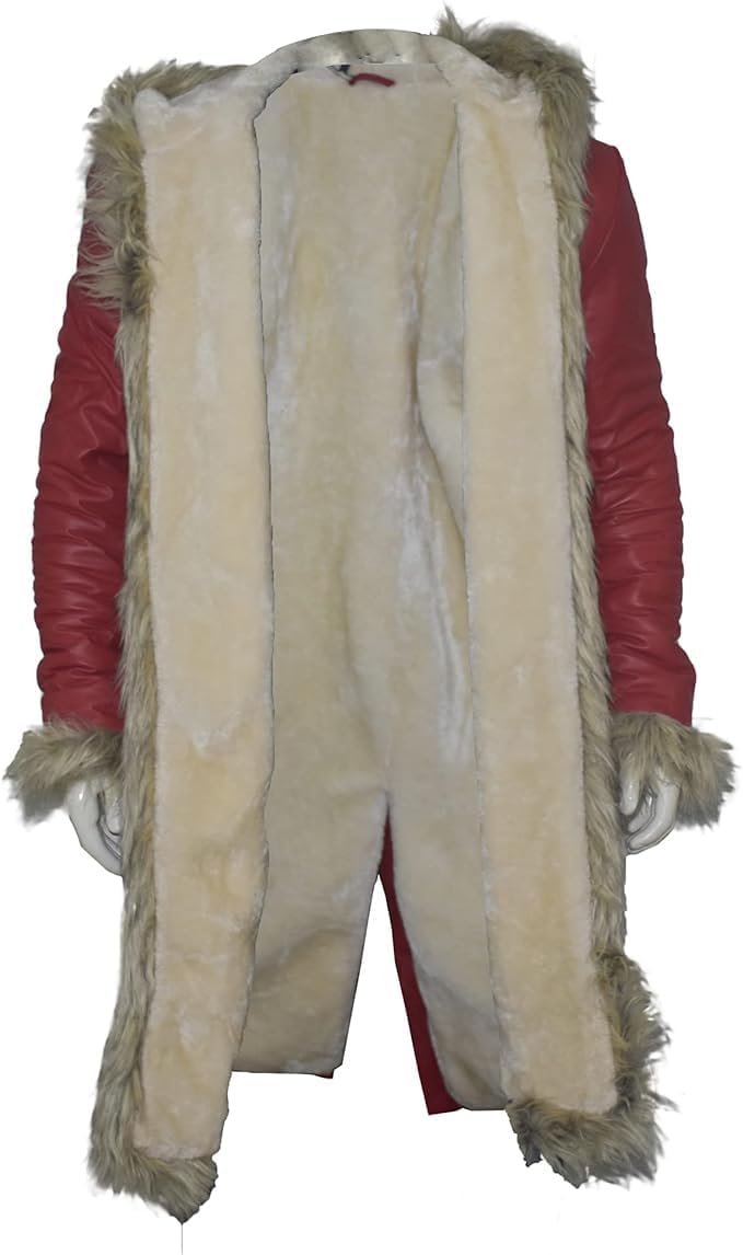 Santa Claus The Christmas Chronicles Faux Shearling Fur - Men's Red Sheepskin Leather Trench Coat