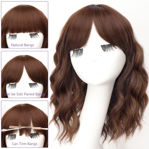 Image of AISI HAIR Synthetic Wavy Curly Bob Wig with Bangs Ash Auburn Short Wavy Hair for Women Synthetic Heat Resistant Bob Wigs