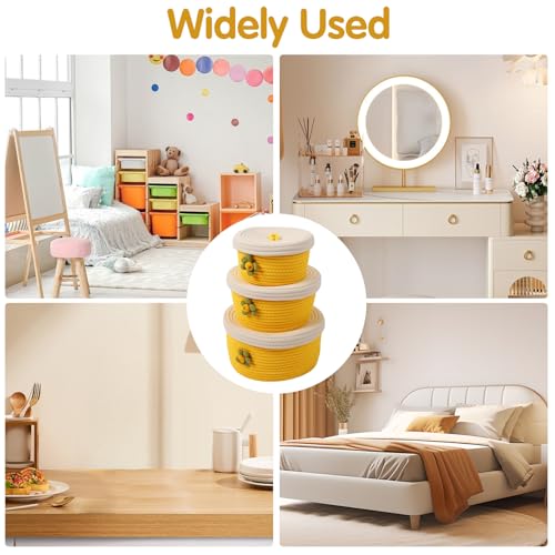 Image of Round Storage Baskets Set of 3, Woven Cotton Rope with Lids & Handles