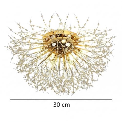 Image of Modern Crystal Flush Mount Chandelier - Luxury Gold Starburst Ceiling Light for Bedroom, Living Room & Hallway| 30cm