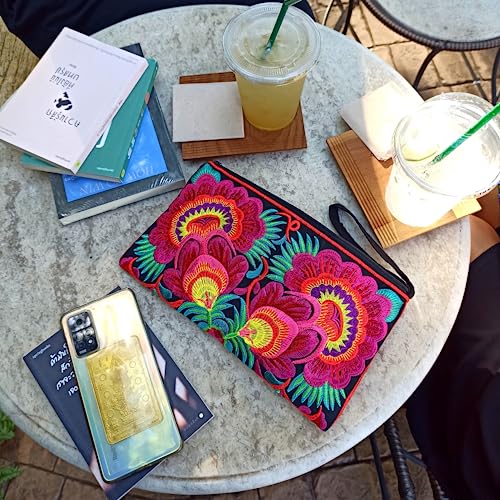Image of Sabai Jai - Floral Embroidered Boho Clutch - Handmade Ethnic Flower Wristlet Purse