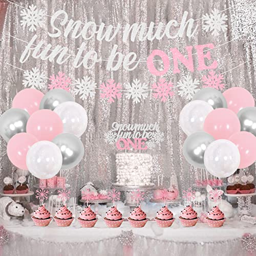 Winter Onederland 1e verjaardag decoraties, meisje sneeuw veel leuk om een banner en taart te zijn, roze zilveren… - Image 3