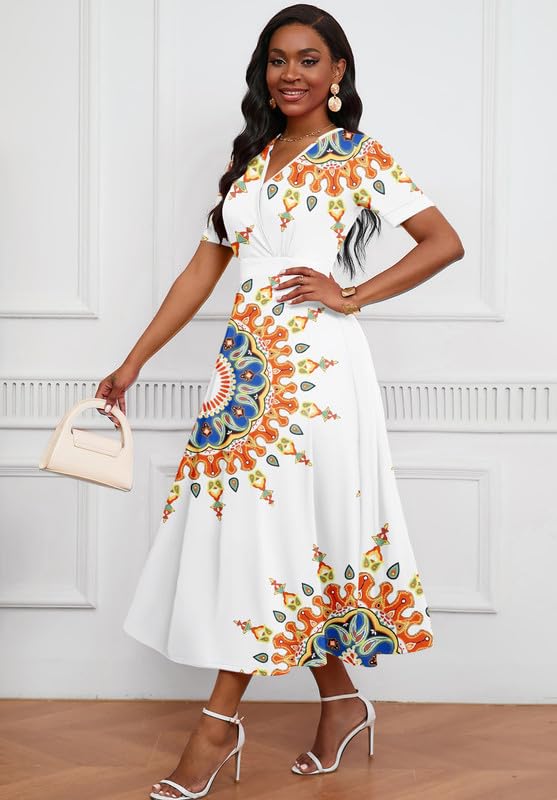 Image of MarryUP Women's Midi Dresses - V Neck Cocktail & Church Tea Dresses - Short Sleeve A-Line Swing Dress