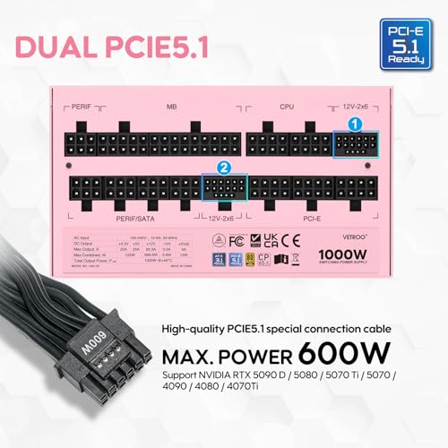 Image of Vetroo 1000W Pink Power Supply ATX 3.1 Ready Dual PCIe 5.1, 80 Plus Gold Full Modular, Eco Mode with 120mm FDB Fan, Compact Size, 10 Year Warranty for Gaming PC