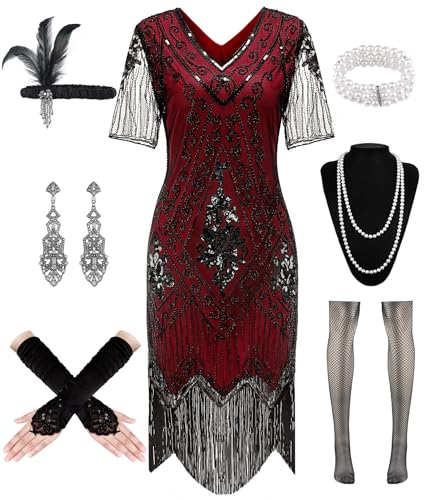 Robe garçonne des années 1920 costume charleston paillettes franges avec accessoires