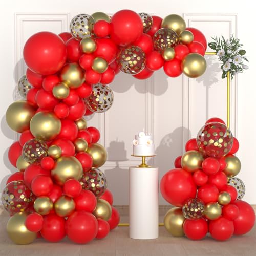 Image of Red Gold Balloon Arch Garland Kit - 121PCS Red and Metallic Gold Balloon Confettie Balloons Valentines Balloons for Birthday Wedding Anniversary Graduation Christmas Party Decorations