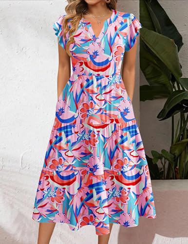 Image of ZEAGOO Womens Summer Casual Dresses Ruffle Sleeve V Neck Midi Dress Flowy Tiered Dress with Pockets Boho Sundresses