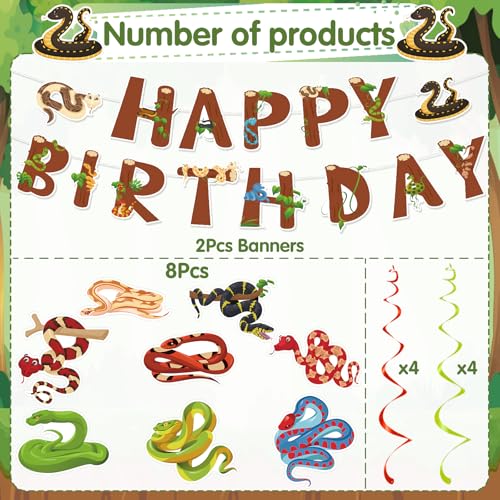 Image of Snake Birthday Party Decorations - 8PCS Snake Reptile Bday Banners with Hanging Swirls Decorations Jungle Wild Safari Animals Decor Supplies
