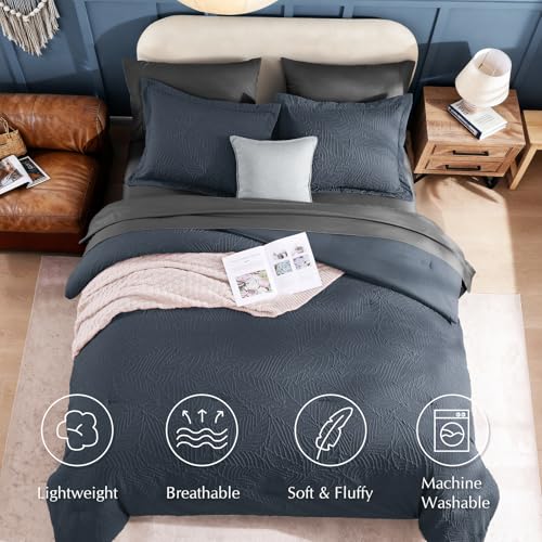 Image of King Size Comforter Set- 7 Pieces Grey Bed in a Bag King Bedding Sets | All Season Soft Botanical Textured Comforter Bed set with Sheets, Pillowcases & Shams