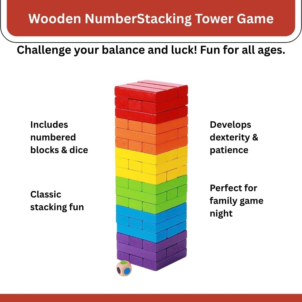 HERBASTRY 54 Pcs Printed Educational Wooden Stacking Tumbling Tower Blocks Toys, Building Blocks for Kids with Dice -Multi 1