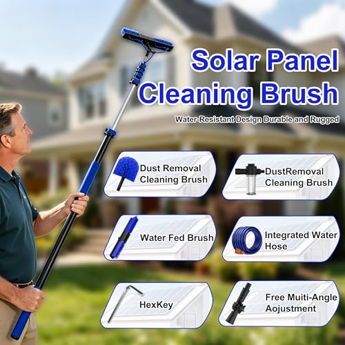 Image of 26FT Reach Solar Panel Cleaning Brush Kit with 5-20FT Telescoping Pole, 33FT Hose, 20 inch Water Fed Brush, Soap Dispenser, Cobweb Duster, Squeegee & High Ceiling Duster for Roof, RV, Gutter, Boat, Deck