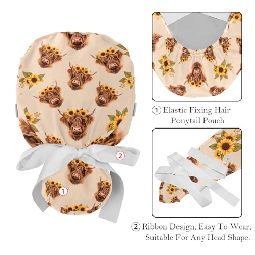 Image of 2 PCS Bouffant Cap with Button Ponytail Pouch Working Cap Sweatband Adjustable Surgical Cap Black and White Cow