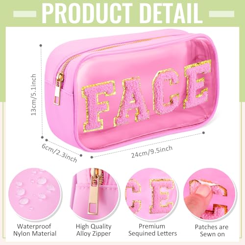 Hillban 4 Pieces Chenille Letter Cosmetic Bag Set Nylon PVC Clear Waterproof Makeup Pouch Stuff Hair Travel Bag Multi Purpose Aesthetics Toiletry Organizer for Women Gym Travel Beach (Light Colors)2