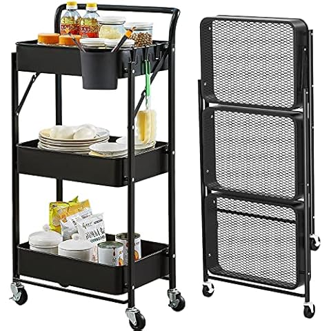 Asunflower 3 Tier Foldable Storage Cart with Wheels Folding Utility Rolling Cart with Handle, Metal Roller Kitchen Trolley Cart for Living Room,Bedroom,Classroom, Black Cover