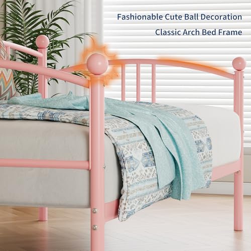Image of Garvee Twin Daybed with Trundle, Sturdy Metal Day Bed with Arched Headboard and Steel Slat Support, Pullout Trundle with 6 Casters, Sofa Bed for Living Room Bedroom and Guest Room, Pink | Pullout Trundle, Six Smooth Casters, Space-Saving Design, Extra Sleeping Space, Easy Assembly, Pink
