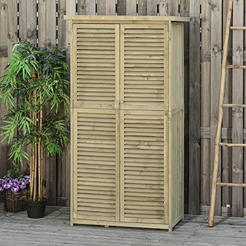 Outsunny Gartenschrank Holz Geräteschuppen Gerätehaus mit Asphaltdach Lamellentür Geräteschrank Schuppen Garten 4 Fächer… – Bild 3