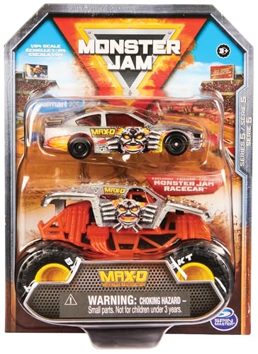 Monster Jam, Camión y Coche de Carreras en un Juego, Escala 1:64, diseño Robusto y detallado para Acrobacias crudas, a Partir de 3 años, clasificación con MAX D, Grave Digger y Earthshaker, selección