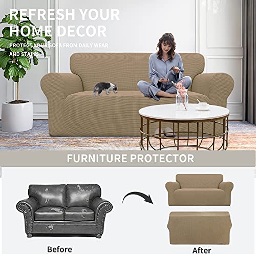 Image of Easy-Going Stretch Oversized Loveseat Slipcover 1-Piece Sofa Cover Furniture Protector Couch Soft with Elastic Bottom for Kids Polyester Spandex Jacquard Fabric Small Checks Tan