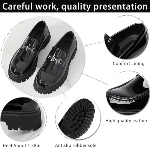 XENTORD Men's Patent Leather Platform Loafers Comfort Non-Slip Lug Sole Slip-On Dress Shoes with Metal Horsebit Detail for Business Office & Casual3