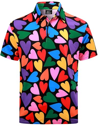 Mens Valentines Day Button Down Shirt Heart Love Short Sleeve Golf Polo Multicoloured Heart Large