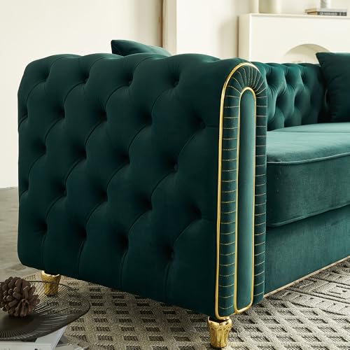 Image of KEIKI 86 inch Chesterfield Velvet Button Tufted Sofa with High Density Foam Cushions and 2 Toss Pillows, Modern Style 3-Seater Couch with Gold Strip Trim Decoration, Easy Assembly, for Living Room, Green