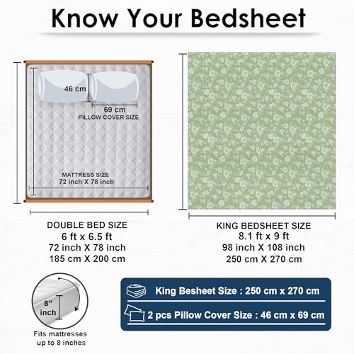Image of Story@Home King Size Bedsheet | Air Cotton Flatsheet King Size with Two Pillow Covers| 240 TC | Super Soft Bed Sheet for King Size Bed | Floral Design (270 x 250 cm, Green & White)