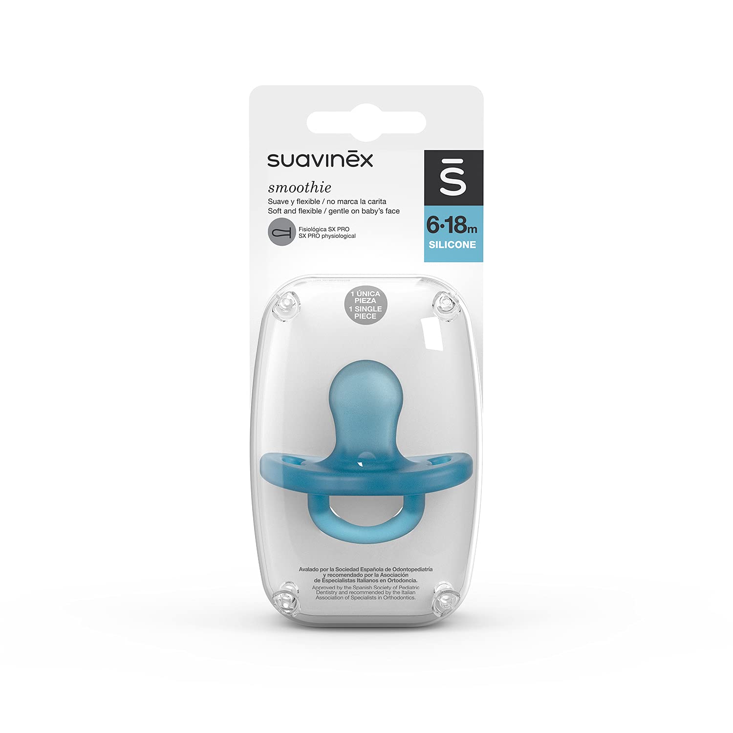 Suavinex 307274 Suavinex, nowy smoczek do zasypiania, 100% silikon. Dla dzieci 6/18 miesięcy. Smoczek z fizjologicznym smoczkiem SX Pro. Super miękki i elastyczny, kolor niebieski, niebieski