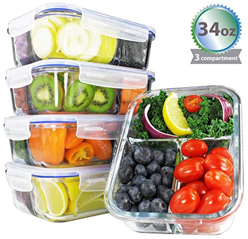 [34oz, 4-Pack Premium] Glass Meal Prep Containers 3 Compartment Set- Food Lunch Storage- Airtight Locking Lids - Portion Control -Microwave, Freezer, Oven & Dishwasher Safe (4.25 Cups)