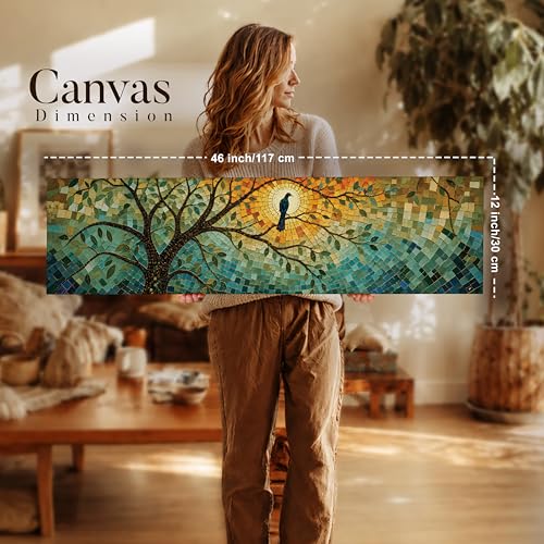 Image of Abstract Botanical Tree Stretched Canvas Wall Art Painting for Living Room, Stained Glass Style Mosaic Nature Canvas Wall Decor For Livingroom, Bedroom, Office, Hallway's, Hotel 12x46 Inch