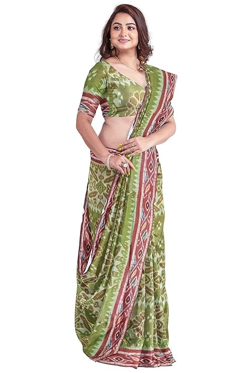 Image of Ikat Women's Cotton Saree, Handmade Pure Cotton Khandua Saree, Ikkat Orissa Traditional Handloom Saree without Blouse