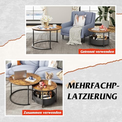 WLIVE Couchtisch 2er Set, 80 Durchmesser Groß Wohnzimmertisch, 60 Durchmesser Beistelltisch Rund mit Stauraum, Metallgestell, Kaffeetisch für Wohnzimmer (Rustikales Braun) – Bild 6