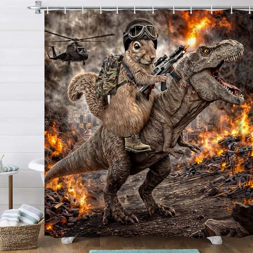 Image of Funny Squirrel Warrior Riding Dinosaur Shower Curtain, Waterproof Fabric Bath Curtain Set with Hooks, Funny Animal Shower Curtain for Kids Men Bathroom, 72X78 Inches
