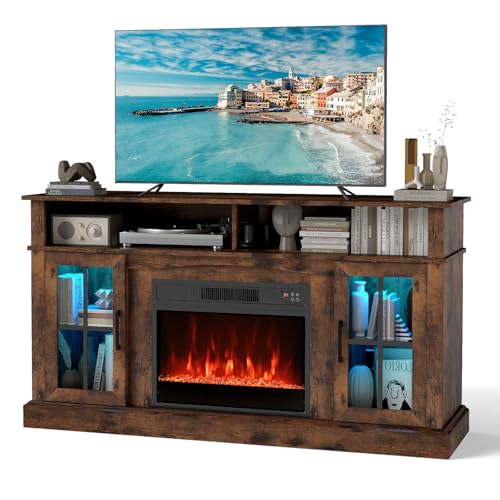 COSTWAY Electric Fireplace Insert TV Stand, Entertainment Center Console Table with Adjustable Flame, Overheat Protection Fire Heater & Remote (Brown, with RGB LED Lights, 23” Fireplace, for 65” TV)