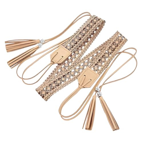 Woven Knotted Waist Belt PU Leather Boho Tassel Waistband 66.54 x 1.12 Inch Vintage Bohemian Hollow Belt with Wax Rope Western Ethnic Macrame Waistband for Women Dress Skirt (Bisque)