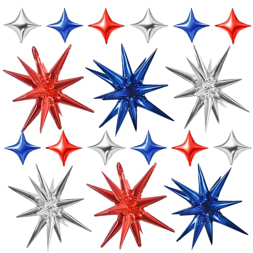 Image of TONIFUL 18Pcs 22Inch Red Blue Silver Explosion Star Mylar Balloons and 10Inch Four Pointed Star Balloons Set for Christmas New Year Birthday Wedding Independence Day Anniversary Photo Booth Supplies