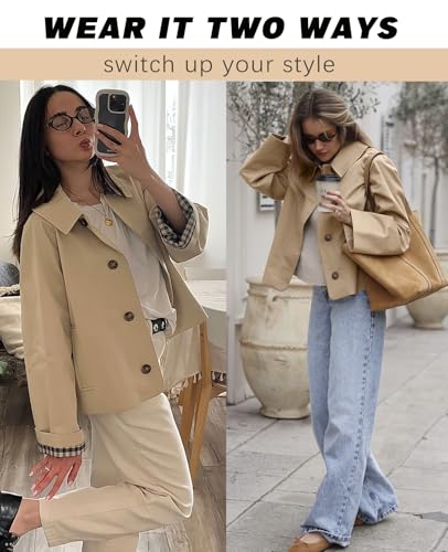 TITOMD Women’s Petite-Friendly Crop Trench Coat, Single-Breasted Plaid Inside 2025 Fall Office Home Travel Essential Ultra-Light Cropped Jackets with Pockets Brown-M