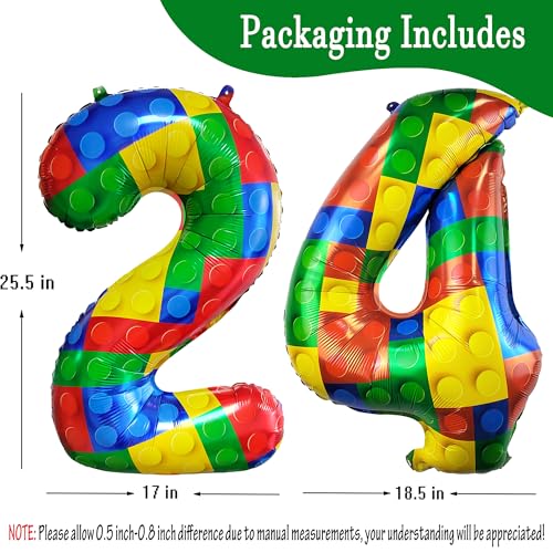 Image of 32 Inch Building Block Number 24 Balloons birthday Block Themed Large Big Helium Foil Mylar Balloon for Girls Boys Birthday Party Decoration Supplies