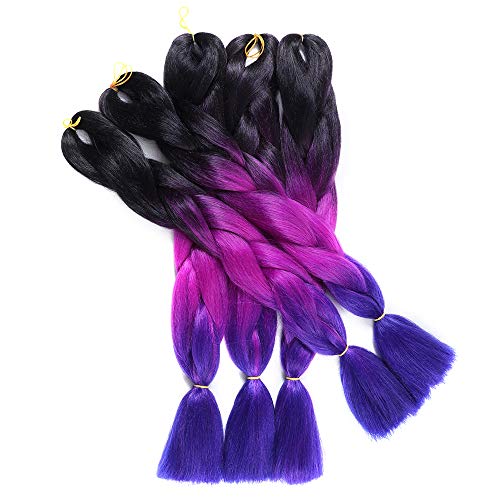 Ombre Kanekalon Braiding Hair 24 Inch Jumbo Braids Synthetic Braiding Hair Extensions 5Packs/Lot (Black-Purple-Blue)