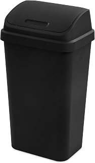 Sterilite 13 Gallon Swing Top Trash Can Black - Durable Kitchen Wastebasket with Wall-Hugging Lid
