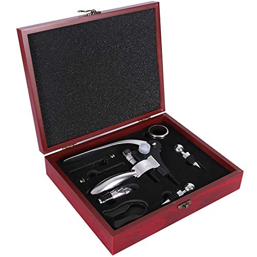 Wine Opener Set, Rabbit Corkscrew Red Wine Bottle Opener, Wine Decanter Pourer, Wine Bottle Alloy Stopper, Foil Cutter, Drip Ring with Wood Case, Wedding Wine Gift Set