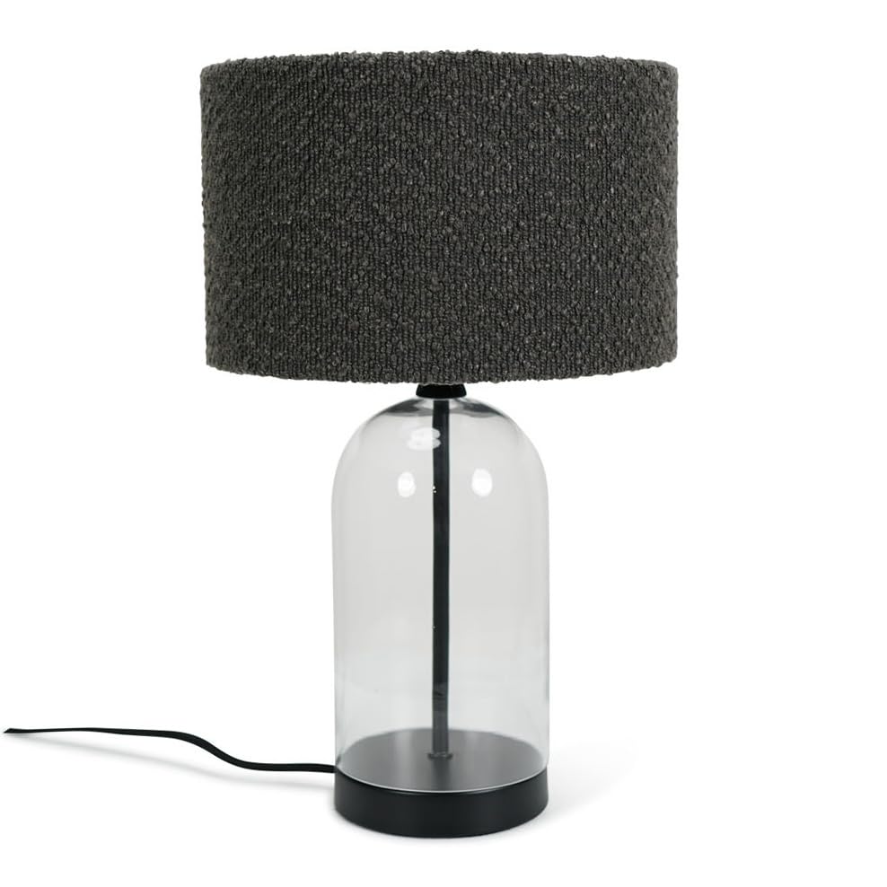 ValueLights | Glass and Black Metal Bedside Table Lamp with a Charcoal Grey Boucle Lampshade | Home Décor, Bedside & Desk Lamp | Includes Bulb