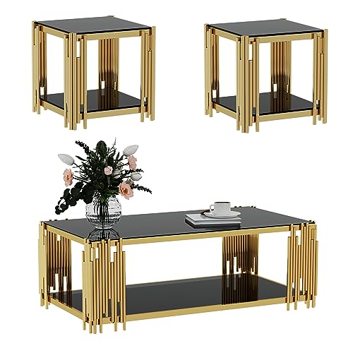 51' Black Glass Coffee Table Set of 3, Modern Luxury Gold End Table for Living Room Rectangle...