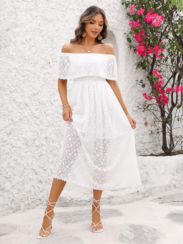 Image of Atnlewhi Womens Vintage Lace Floral Off Shoulder Elegant Swing Dresses A-line Mini Dress for Party Cocktail Wedding